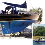 Working outdoors with expensive and sensitive paint was trying, but the Doughertys proved themselves up to the challenge and were able to transform Splendora’s bruised and dull topsides, below, into a gleaming triumph, at left.