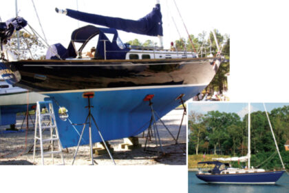 Working outdoors with expensive and sensitive paint was trying, but the Doughertys proved themselves up to the challenge and were able to transform Splendora’s bruised and dull topsides, below, into a gleaming triumph, at left.