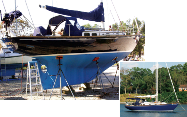 Working outdoors with expensive and sensitive paint was trying, but the Doughertys proved themselves up to the challenge and were able to transform Splendora’s bruised and dull topsides, below, into a gleaming triumph, at left.