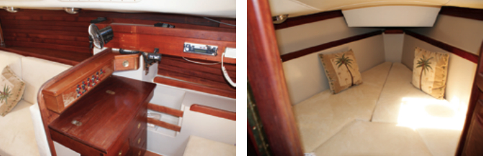 The Laguna 30 even has a nav station, albeit on the small side. Drawers and chart stowage are always appreciated, at left. With the insert cushion in place, the V-berth becomes a roomy pad, at right.