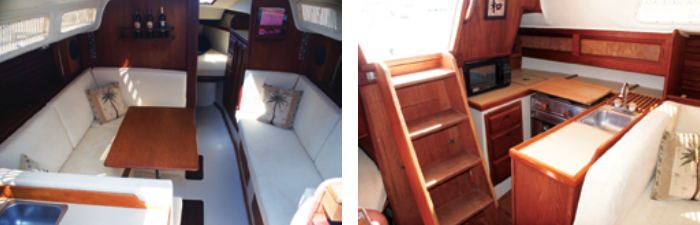Generous beam makes for a spacious saloon that will seat a crowd for meals, at left. The U-shaped galley is tight, but that makes it all the easier and safer when cooking under way, at right.