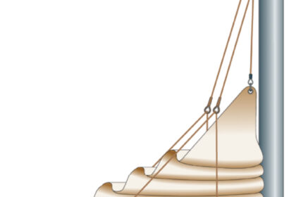 Two-leg lazy-jacks can be as simple as the arrangement shown here, where the tension of the whole is adjusted at the single cleat on the boom. According to preference, each side could be set up separately and the upper support lines could be brought down to cleats on the mast, as shown on the opposite page.