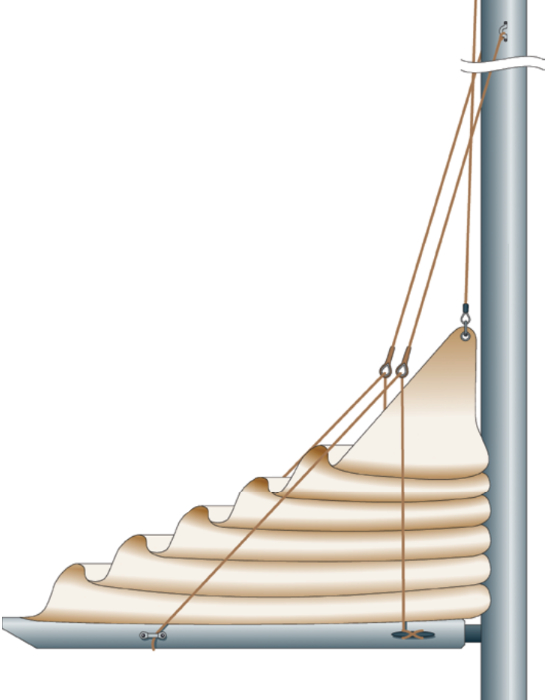 Two-leg lazy-jacks can be as simple as the arrangement shown here, where the tension of the whole is adjusted at the single cleat on the boom. According to preference, each side could be set up separately and the upper support lines could be brought down to cleats on the mast, as shown on the opposite page.