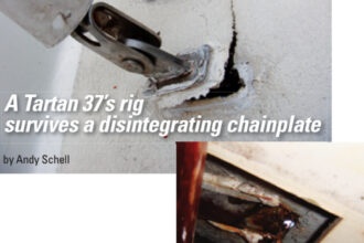 A chainplate lifting from the deck, at right, was the first sign that corrosion had occurred in a place where a routine inspection would not reveal it, below right.