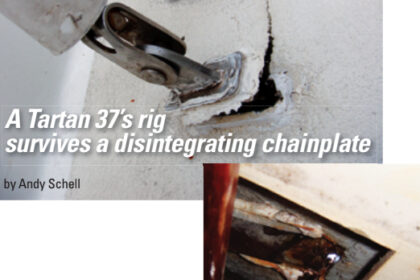 A chainplate lifting from the deck, at right, was the first sign that corrosion had occurred in a place where a routine inspection would not reveal it, below right.