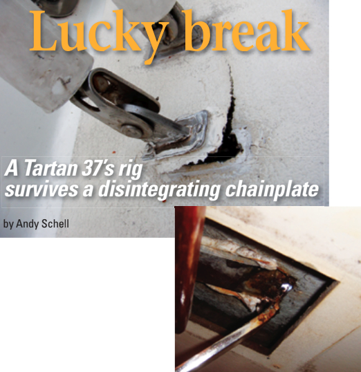 A chainplate lifting from the deck, at right, was the first sign that corrosion had occurred in a place where a routine inspection would not reveal it, below right.