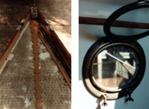Part of Magnolia’s makeover was a new teak deck, in process at left, and bronze opening ports to replace fixed windows, at right.