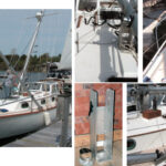 Down she goes! The A-frame, on facing page, provides the lever arm, the tabernacle, above left, the pivot point, and the windlass, above right, the friction to control the drop and the muscle for the lift. The tabernacle and the mast heel plug await fitting on the boat, below left. Pivot boxes for the A-frame, guy wires to brace the tabernacle, and wooden supports for the side stays all play their part, bottom right.