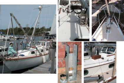 Down she goes! The A-frame, on facing page, provides the lever arm, the tabernacle, above left, the pivot point, and the windlass, above right, the friction to control the drop and the muscle for the lift. The tabernacle and the mast heel plug await fitting on the boat, below left. Pivot boxes for the A-frame, guy wires to brace the tabernacle, and wooden supports for the side stays all play their part, bottom right.