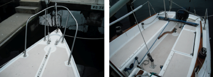 The foredeck of the Morgan 25 is uncluttered and the lifelines terminate low on the pulpit so the foot of the genoa can clear them, at left. The 8-foot cockpit can seat a crowd and the coamings provide plenty of back support, at right.