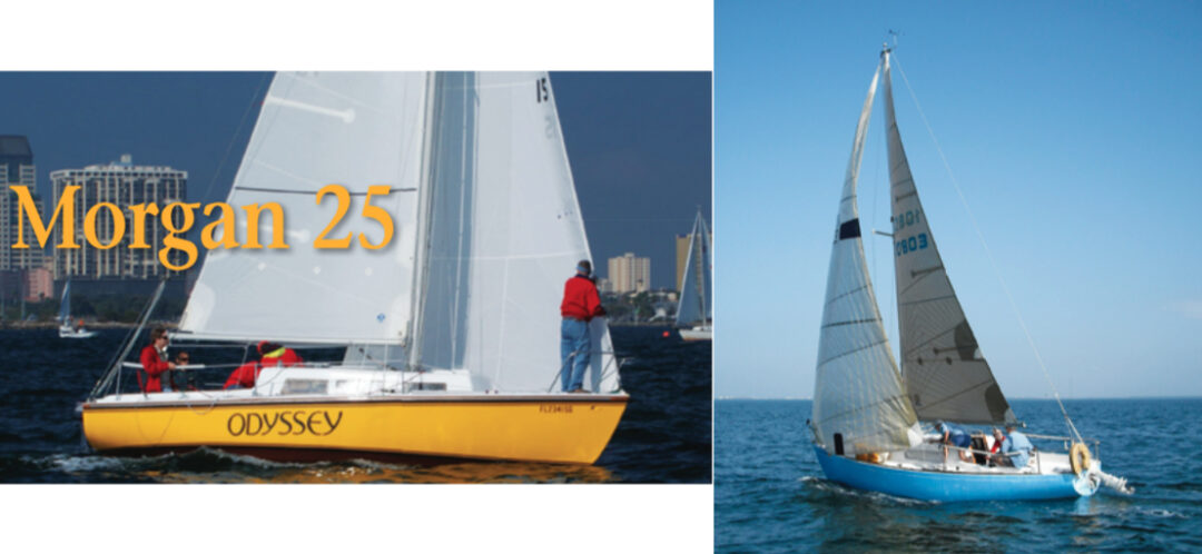At the St. Petersburg, Florida, Good Old Boat Regatta last January, Odyssey, a Morgan Classic 250, took third in her class. Her near sister, Amanda, a Morgan 24, on facing page, managed to scoot away from Odyssey on the first leg, but fast spinnaker work aboard the yellow boat turned the tables.