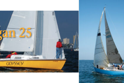 At the St. Petersburg, Florida, Good Old Boat Regatta last January, Odyssey, a Morgan Classic 250, took third in her class. Her near sister, Amanda, a Morgan 24, on facing page, managed to scoot away from Odyssey on the first leg, but fast spinnaker work aboard the yellow boat turned the tables.