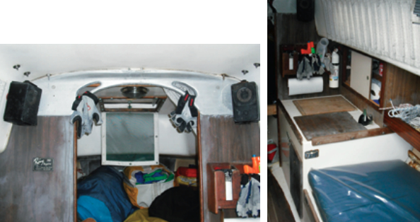 Amanda has the standard layout for a Morgan 24. A V-berth (here filled with sails) occupies the bow, at left. The galley is forward in the saloon and the settees extend under the cockpit as quarter berths, at right.