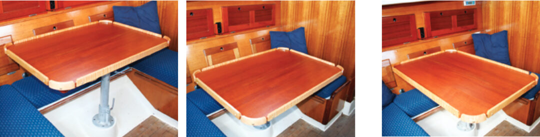 With a couple of modifications, Joe increased the utility of the dinette table in his Bristol 30. Turned fore and aft and slid outboard, it opens up space in the saloon, at left on facing page. In its central position, it serves as a dining table for four, at right on facing page. Turned through 90 degrees, it can be slid forward or aft to meet a variety of uses, at left.