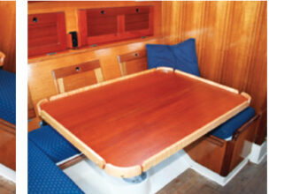 With a couple of modifications, Joe increased the utility of the dinette table in his Bristol 30. Turned fore and aft and slid outboard, it opens up space in the saloon, at left on facing page. In its central position, it serves as a dining table for four, at right on facing page. Turned through 90 degrees, it can be slid forward or aft to meet a variety of uses, at left.