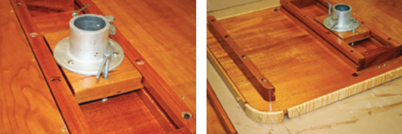 To make the sliding mechanism, Joe fastened the table’s metal socket to a block of solid lumber, at near right. Tongues machined in the sides of the block slide in grooved cleats. The slide is held in position by bolts that thread into inserts in the wooden block. Joe used the same tongue-in-groove technique for the drawer slides, at far right.
