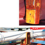 When the wooden mast crutch on Persistence was damaged, Marlin rebuilt it with epoxy glue and applied walnut veneers over the original fir and plywood. He finished the job with decorative star tattoos. Now, the crutch is not only functional, it’s also a thing of beauty.