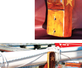 When the wooden mast crutch on Persistence was damaged, Marlin rebuilt it with epoxy glue and applied walnut veneers over the original fir and plywood. He finished the job with decorative star tattoos. Now, the crutch is not only functional, it’s also a thing of beauty.