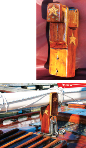 When the wooden mast crutch on Persistence was damaged, Marlin rebuilt it with epoxy glue and applied walnut veneers over the original fir and plywood. He finished the job with decorative star tattoos. Now, the crutch is not only functional, it’s also a thing of beauty.