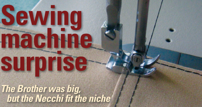 Don’s industrial Brother sewing machine is shown here stitching through 12 layers of 9.25-ounce acrylic canvas.