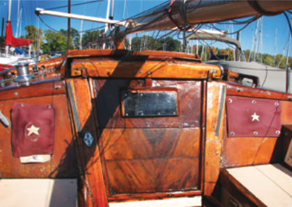 The covers match up on both sides of the companionway. A set of twist-lock fasteners atop the cabin allows the cloths to be unbuttoned at the bottom and. folded up to reveal the instruments when they are needed.