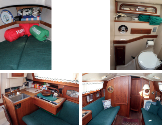 As on most boats, the V-berth is wide enough at the shoulders, but foot room at the forepeak is tight, at left. The head is compact but has stowage and a handheld shower, at right. The galley, below left, is compact but includes the essentials: sink, icebox, utensil rack, and stovetop. The saloon, below right, is spacious, with stowage outboard of the settees, a bulkhead-mounted table that folds down, and 6-foot 2-inch headroom at the base of the companionway and diminishing outboard and forward.