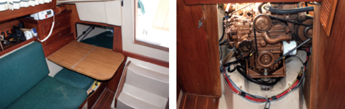 The navigator can communicate with the helm while working at the folding chart table over the head of the starboard quarter berth, at left. Access to the front of the engine is provided behind the companionway ladder, at right, and its top is exposed by a hatch in the cockpit.