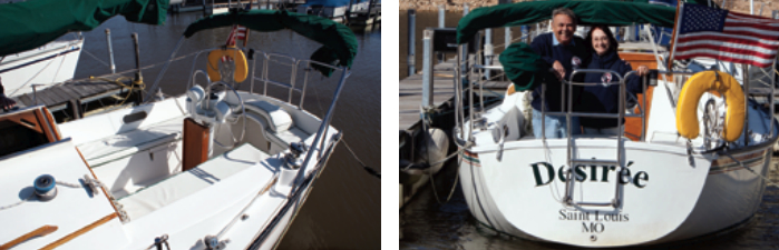 The T-shaped cockpit, at left, gives the helmsman room to move to the rail port and starboard to check sail trim, but the wheel and pedestal impede movement forward. That makes singlehanding difficult, because the mainsail sheet leads to a traveler on the cabin trunk. Charlie and Elaine Lawson, right, find their Newport 28 II well suited to their style of weekend and short-term cruising.