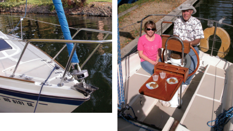For its size, the O’Day 26 has a large, well-equipped foredeck and a roomy anchor locker. Martha J. has twin anchor rollers and roller furling on the jib, above. Bill Siegworth dressed up Martha J. with a custom teak steering wheel, instrument panel, and drink holder, at right.