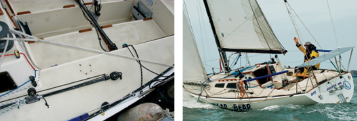 Polar Bear’s cockpit is all business, above left. Eric even removed winches to save weight (the filled bolt holes are still visible). Eric waves for the camera at the start of the 2008 Singlehanded TransPac, which took place in typical San Francisco Bay conditions, above right.