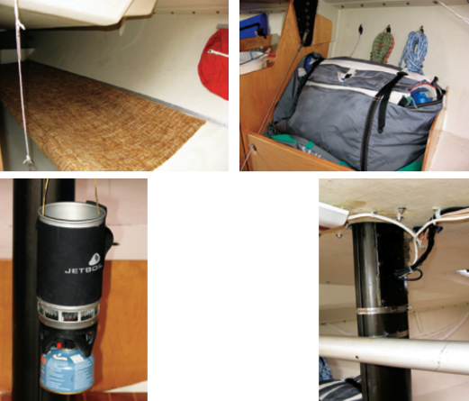 The Olson 30 is minimally furnished. Crew quarters are a quarter berth each side of the cockpit, above left, with a hull-mounted seabag for gear. Some stowage for sails is provided forward of the mast bulkhead, above right. When he’s at sea, Eric cooks on a single-burner stove suspended at the mast, below left. The mast, repaired with a sleeve just before the start of the race, below right, survived the TransPac passage.