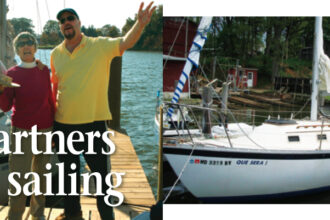 Ken Cunningham, Natalie Cunningham, and Steve Gibb sing the praises of the partnership through which they share the joys and responsibilities of owning a sailboat, at left, and their boat, Que Sera, opposite page.