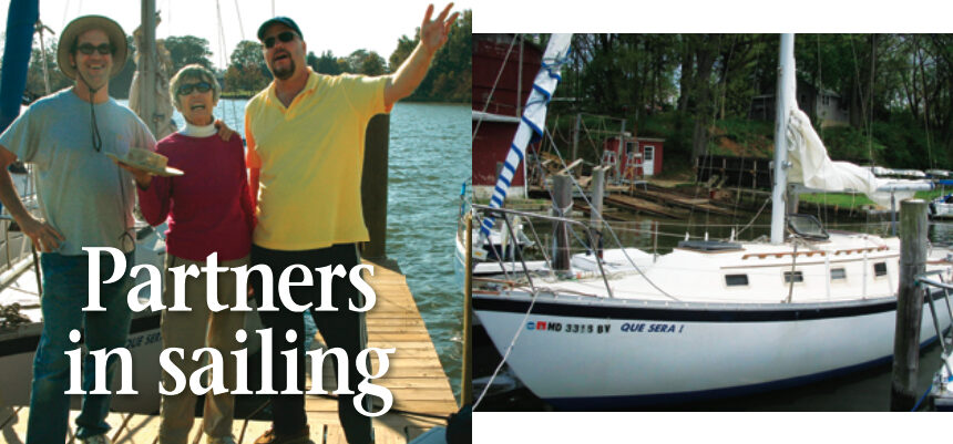 Ken Cunningham, Natalie Cunningham, and Steve Gibb sing the praises of the partnership through which they share the joys and responsibilities of owning a sailboat, at left, and their boat, Que Sera, opposite page.