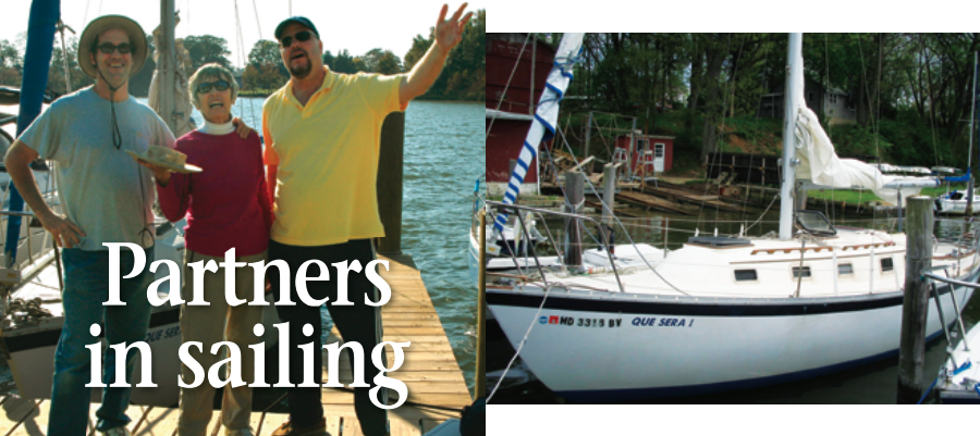 Ken Cunningham, Natalie Cunningham, and Steve Gibb sing the praises of the partnership through which they share the joys and responsibilities of owning a sailboat, at left, and their boat, Que Sera, opposite page.