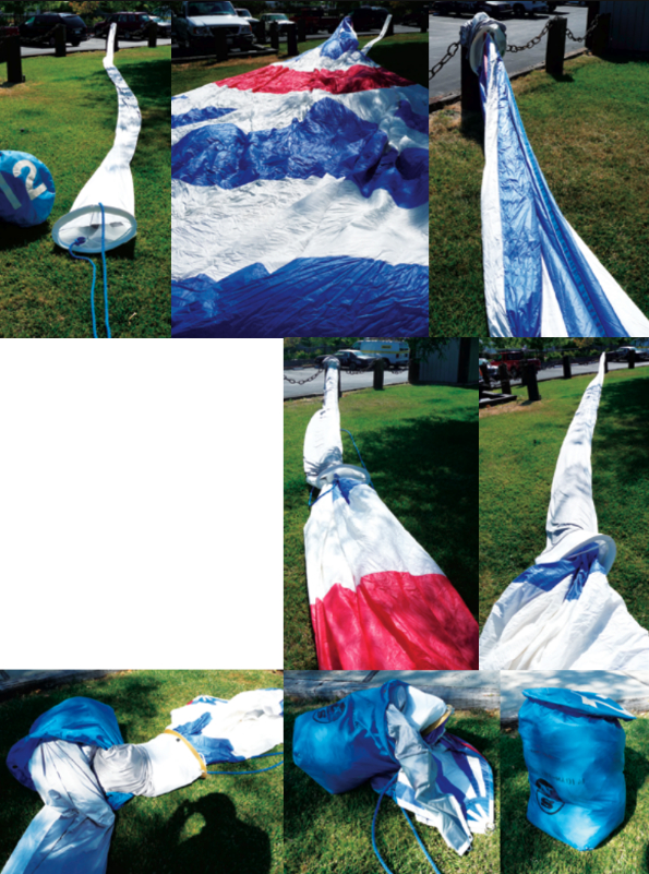 A borrowed lawn and a calm day provide the ideal setting for socking a spinnaker. Lay out the sock and the spinnaker, concertina the sock, and attach the head of the folded spinnaker inside the head of the sock. Pull the sock ring to enshroud the sail, then stuff the sock into the bag so the head and clews go in last.