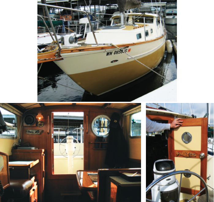 The high freeboard of the Rawson 30 is evident, above. While the added windage hurts performance, it does make for more spacious accommodations. Few boats of this size boast a real pilothouse like this that’s large enough to house a small dining table as well as a steering station, at left below. The pilothouse entrance is a door, in which a small portlight and a butterfly vent are fitted to aid ventilation, at right below.