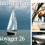Under a dramatic sky, Envy, a Voyager 26, sets off on a new adventure, facing page. First, though, owners Ron and Terrel Chappell made the long journey of restoring her. The engine was among many items removed, at top, while the seasons changed around Envy in the Chappells’ driveway, at bottom.
