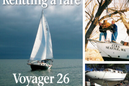 Under a dramatic sky, Envy, a Voyager 26, sets off on a new adventure, facing page. First, though, owners Ron and Terrel Chappell made the long journey of restoring her. The engine was among many items removed, at top, while the seasons changed around Envy in the Chappells’ driveway, at bottom.