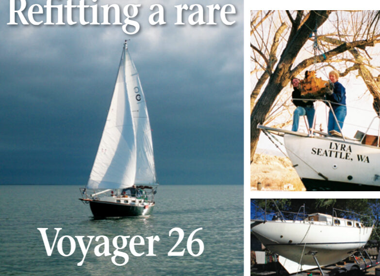 Under a dramatic sky, Envy, a Voyager 26, sets off on a new adventure, facing page. First, though, owners Ron and Terrel Chappell made the long journey of restoring her. The engine was among many items removed, at top, while the seasons changed around Envy in the Chappells’ driveway, at bottom.