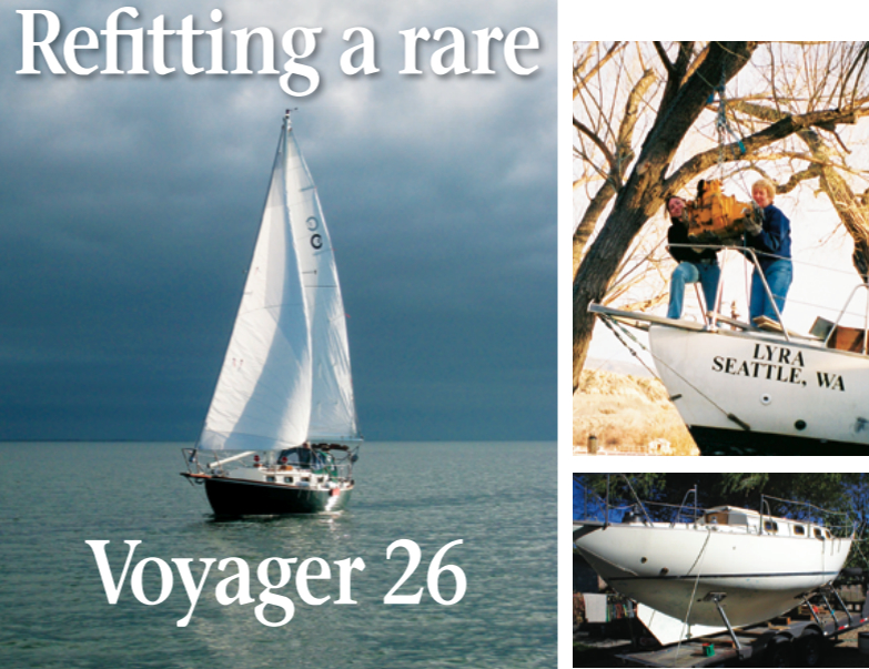 Under a dramatic sky, Envy, a Voyager 26, sets off on a new adventure, facing page. First, though, owners Ron and Terrel Chappell made the long journey of restoring her. The engine was among many items removed, at top, while the seasons changed around Envy in the Chappells’ driveway, at bottom.