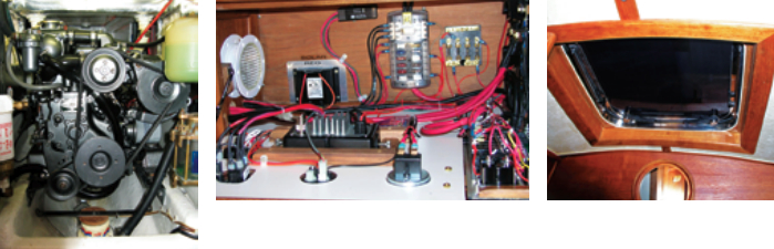 A “good used” Yanmar engine, courtesy of eBay, replaced the original Farymann without much ado, at left. Ron rewired the boat entirely, and the new electric panel is the master control station for many new systems, at center. Another eBay score was the stainless-steel hatch for the cabintop, at right.