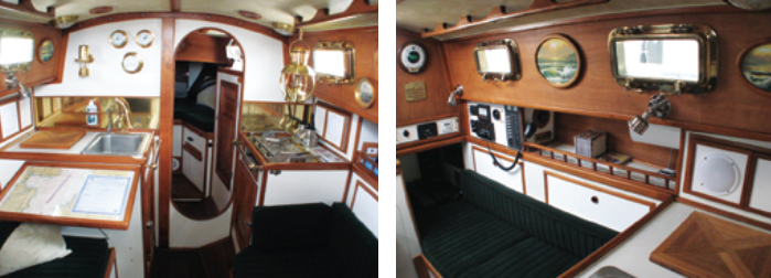 The galley-forward layout on the Voyager 26 is not fashionable today but, in a boat of this size, it uses the width in a practical way, at left. On the port side, aft of the sink, the settee berth doubles as a navigator’s seat. The bronze portlights add a big-ship touch, at right.
