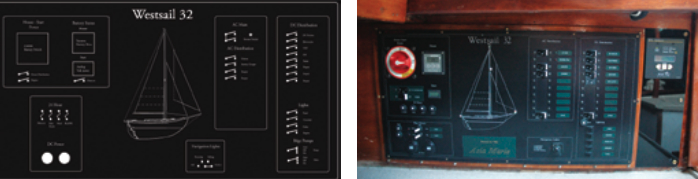 Aaron used a computer program to make a sketch of the electric panel to show to Mobile Marine Electrical Systems (MMES), at left. MMES made suggestions and, after exchanging a few drafts with Aaron, assembled a panel that met all the Norlands’ needs with room for future additions, at right.