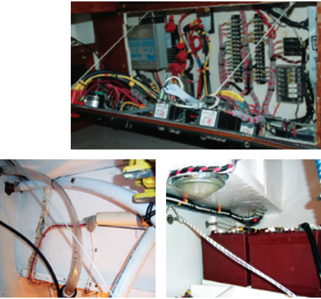 Behind the new electric panel, order reigns, at right. Aaron bundled wires tidily and used PVC pipe for raceways, below left, and wrapped wires with scrap nylon hose where they passed through furniture, below right.
