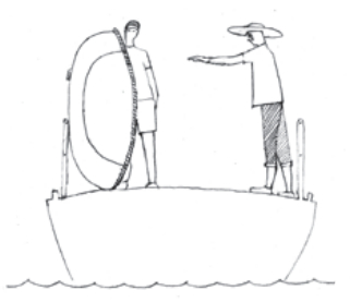 They lower the dinghy’s port side, balance it inboard of the port lifelines, and make ready to lower the stern transom into the chocks.