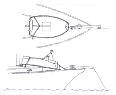 Once the stern transom is in the chocks, they secure the dinghy by tying the towing eye to an eyebolt on deck and running a lashing line over the aft end of the skeg from handrail to handrail.