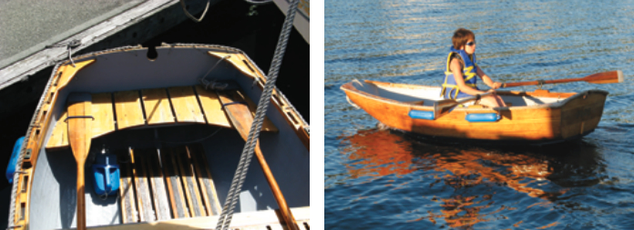 As well as being practical, a wooden pram dinghy has aesthetic appeal. Kuma’s tender is sturdy but light enough for two people to easily manhandle. The sculling notch, at left, means she can be propelled with one oar should the need arise. She is easy to row and gives the crew a way to exercise and explore, at right.