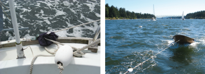 For convenience, and to avoid stern clutter, Richard tows the dinghy from the starboard quarter cleat, at left, and protects the painter from chafe with a rag. The fishing floats knotted into the nylon painter make the nylon float and help keep it away from the propeller. When Kuma sails at speed, the dinghy sits high and rarely ships more than a cupful of water, at right.
