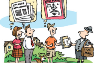 Illustration of receiving boat plans in the mail instead of college applications