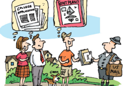 Illustration of receiving boat plans in the mail instead of college applications